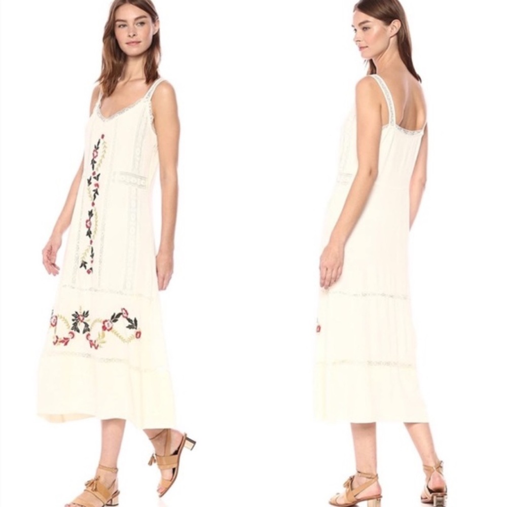 Nanette Lepore Embroidered Cream Boho Midi Dress Floral And Lace Accents Size 6 - Picture 2 of 16